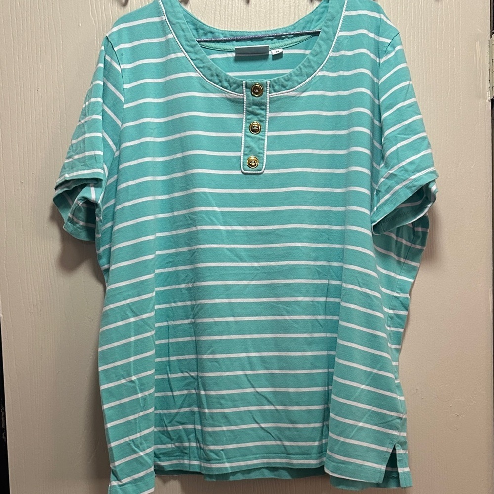 D & Co Denim & Co. Women's 2X Teal White Stripe Henley Top Plus Size Casual